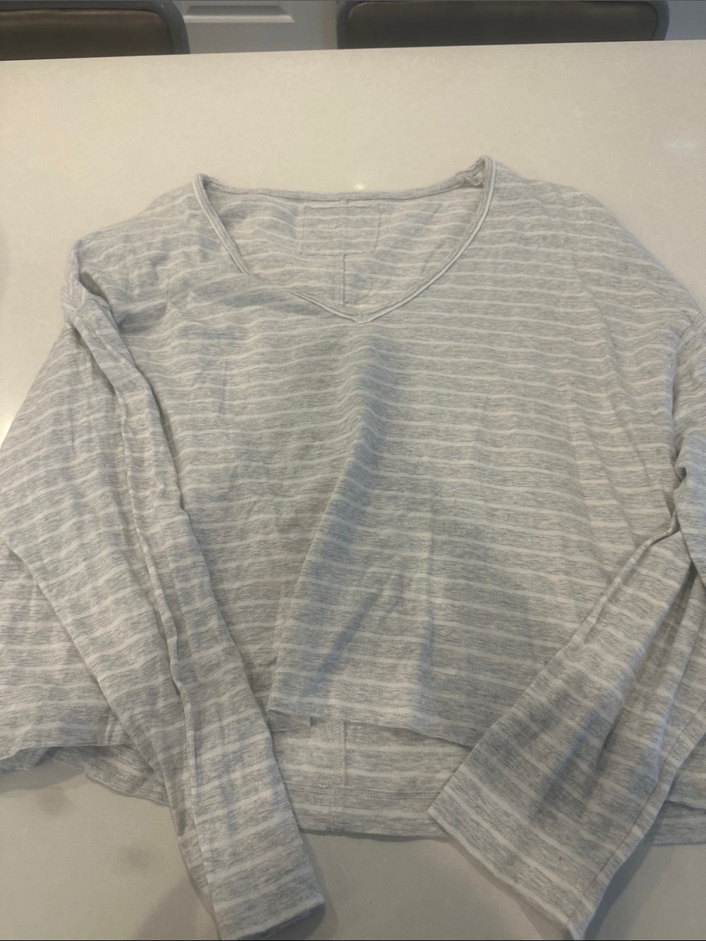aerie Light Gray & White Striped V-Neck Long Sleeve Top